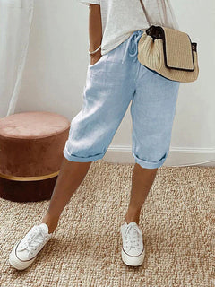 Evangeline - Cotton Knee Length Shorts — Blue