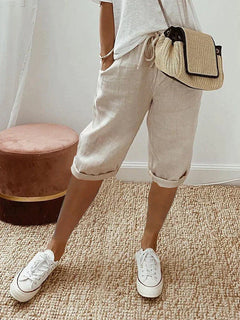 Evangeline - Cotton Knee Length Shorts — Beige