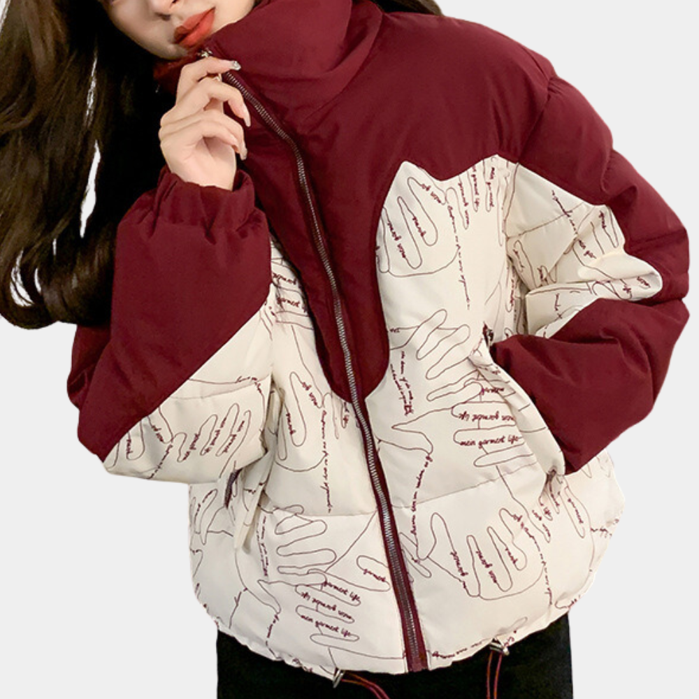Maureen - Print Panel Puffer Jacket — Red