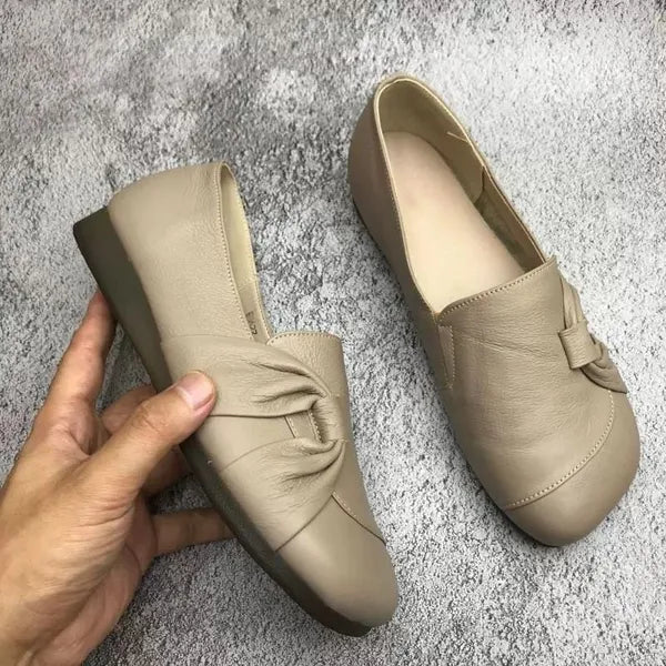 Emerson - Leather Flats with Bow — Beige