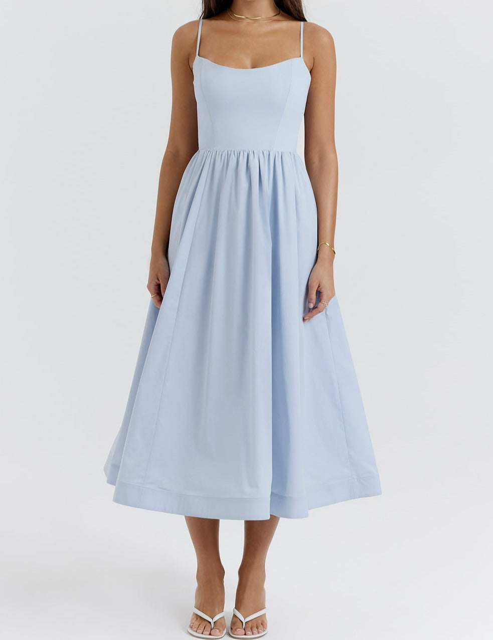 Virginia - Cami Midi Dress with Full Skirt — Blue
