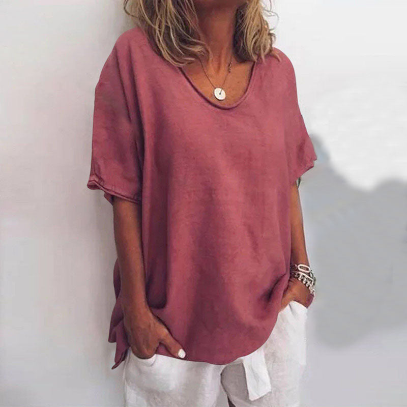 Lara - Linen V Neck Tunic — Dark Pink