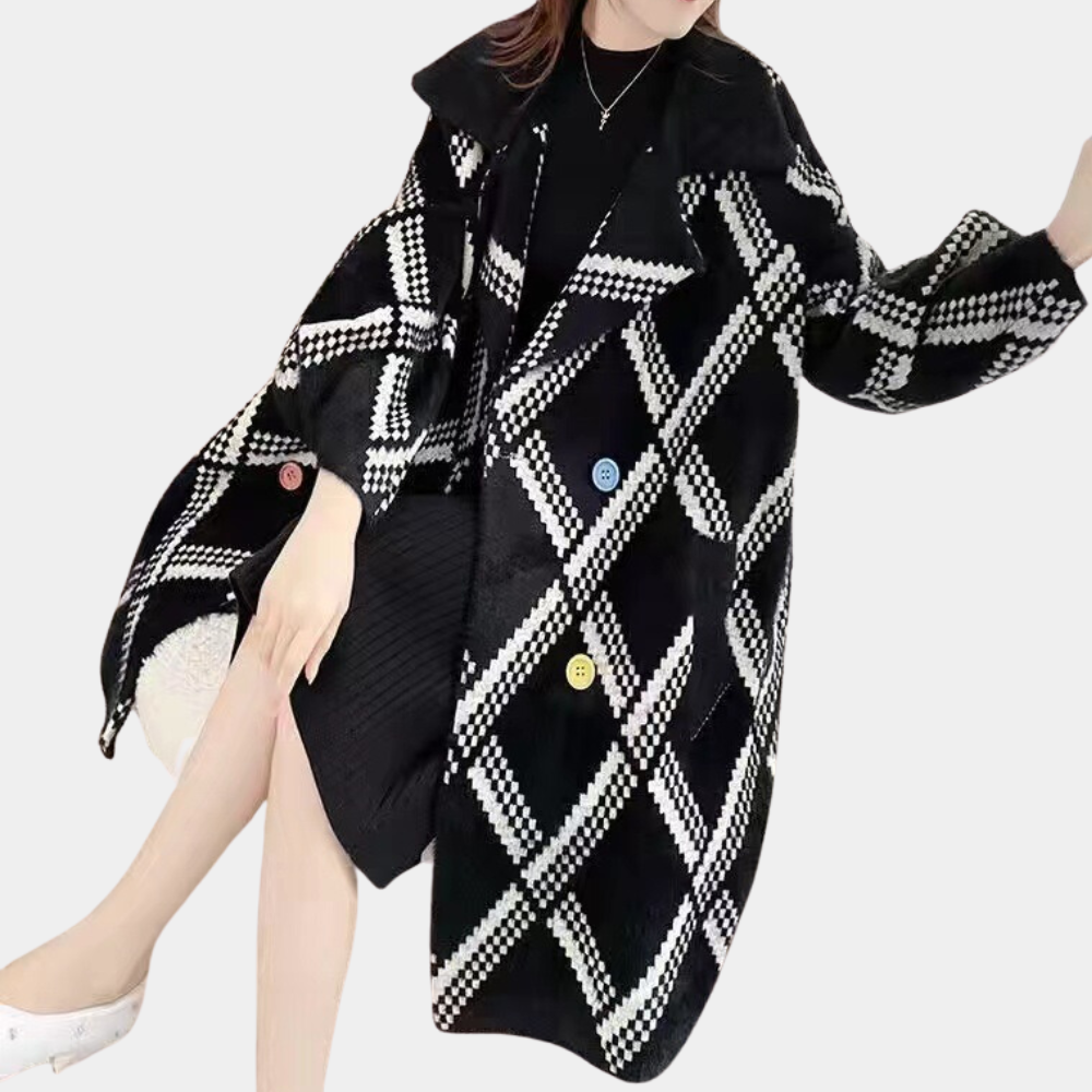 Bridget - Argyle Print Long Coat — Black