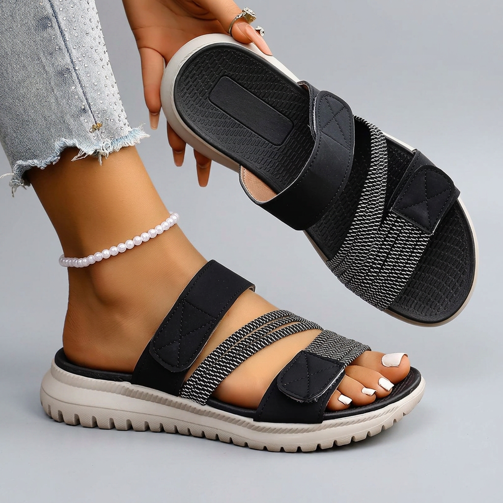 Seraphina - Twin Velcro Strap Sandals — Black