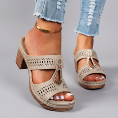 Charmaine - Cutout Block Heel Sandals — Khaki