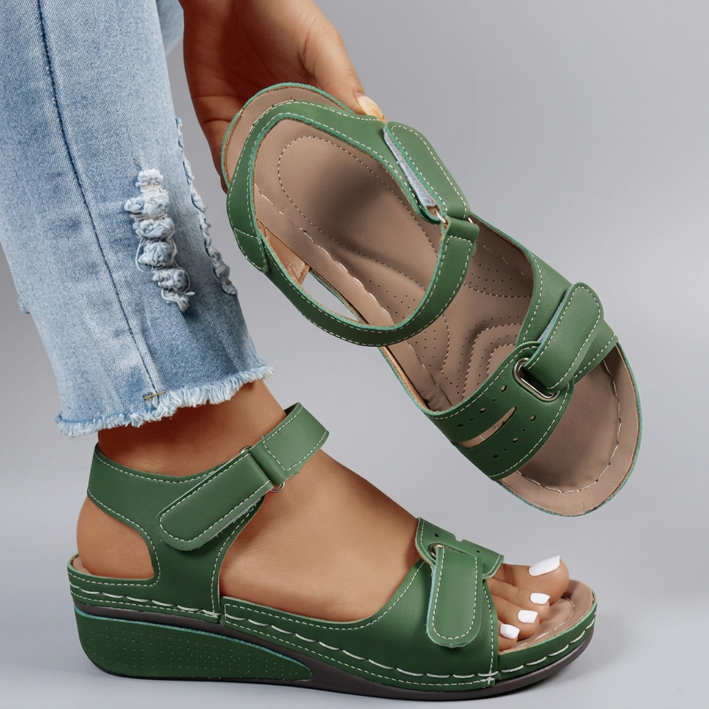 Madeleine - Twin Strap Velcro Sandals — Green