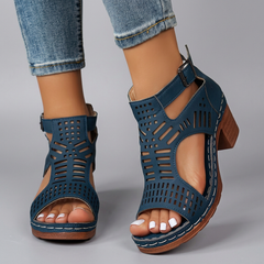 Bernadette - Laser Cut Block Heel Sandals — Navy Blue