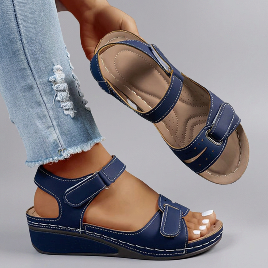Madeleine - Twin Strap Velcro Sandals — Blue