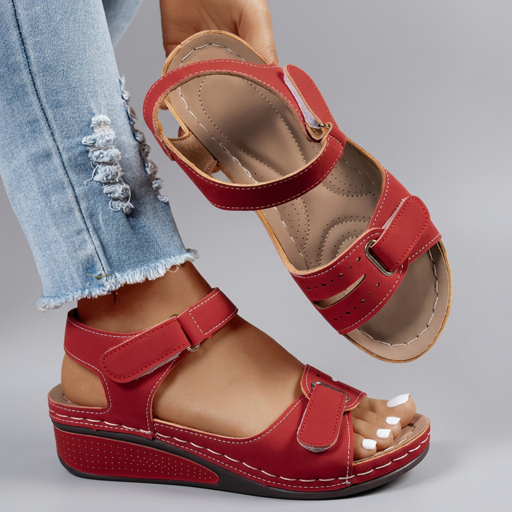 Madeleine - Twin Strap Velcro Sandals — Red
