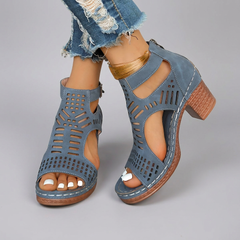 Bernadette - Laser Cut Block Heel Sandals — Blue