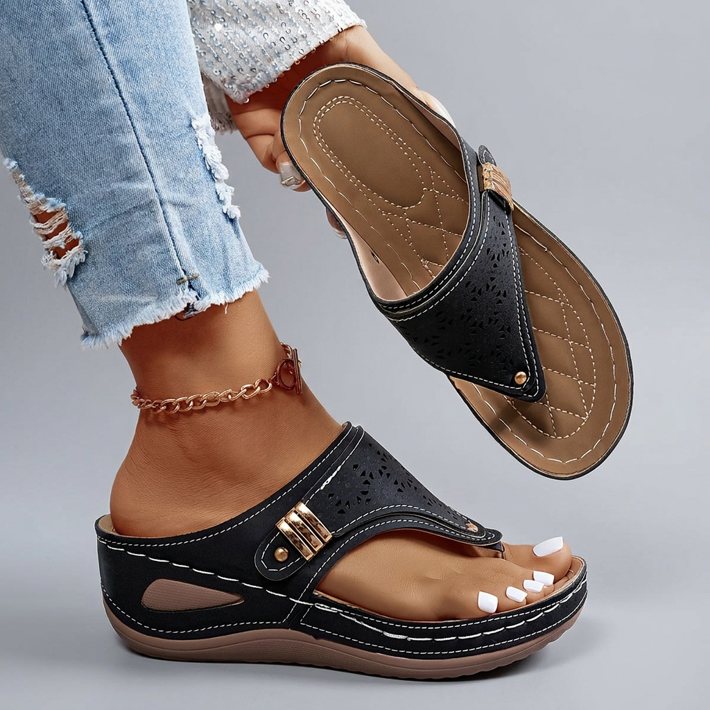 Catherine - Perforated Slide Sandals — Black