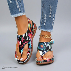 Jacqueline - Floral Print Toe Post Sandals — Black