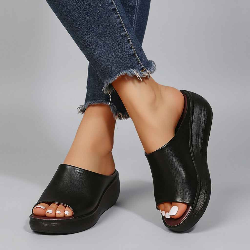 Theodora - Platform Slip on Mules — Black