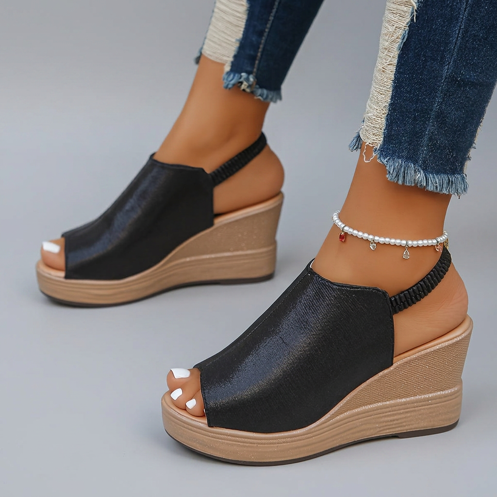 Jenna - Metallic Wedge Sandals — Black