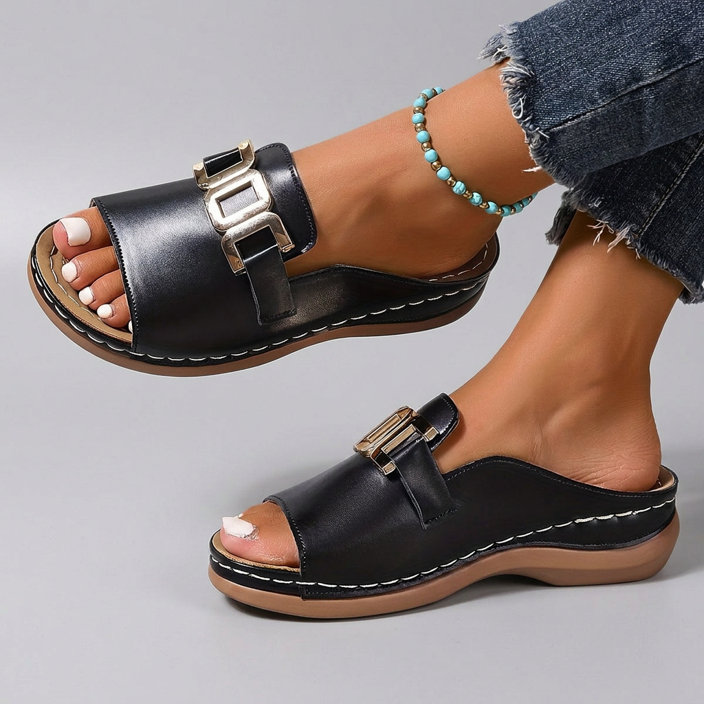 Felicity - Slides with Gold Buckle — Black