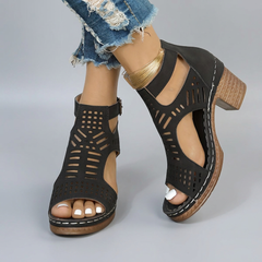 Bernadette - Laser Cut Block Heel Sandals — Black