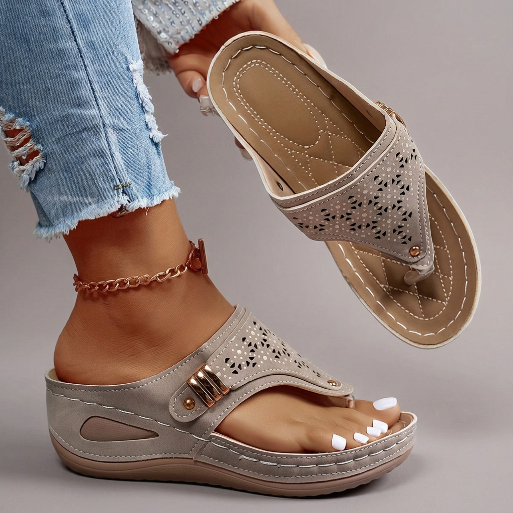 Catherine - Perforated Slide Sandals — Grey