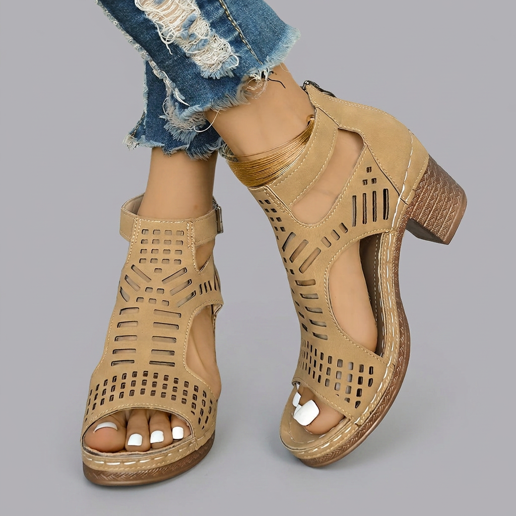 Bernadette - Laser Cut Block Heel Sandals — Light Brown
