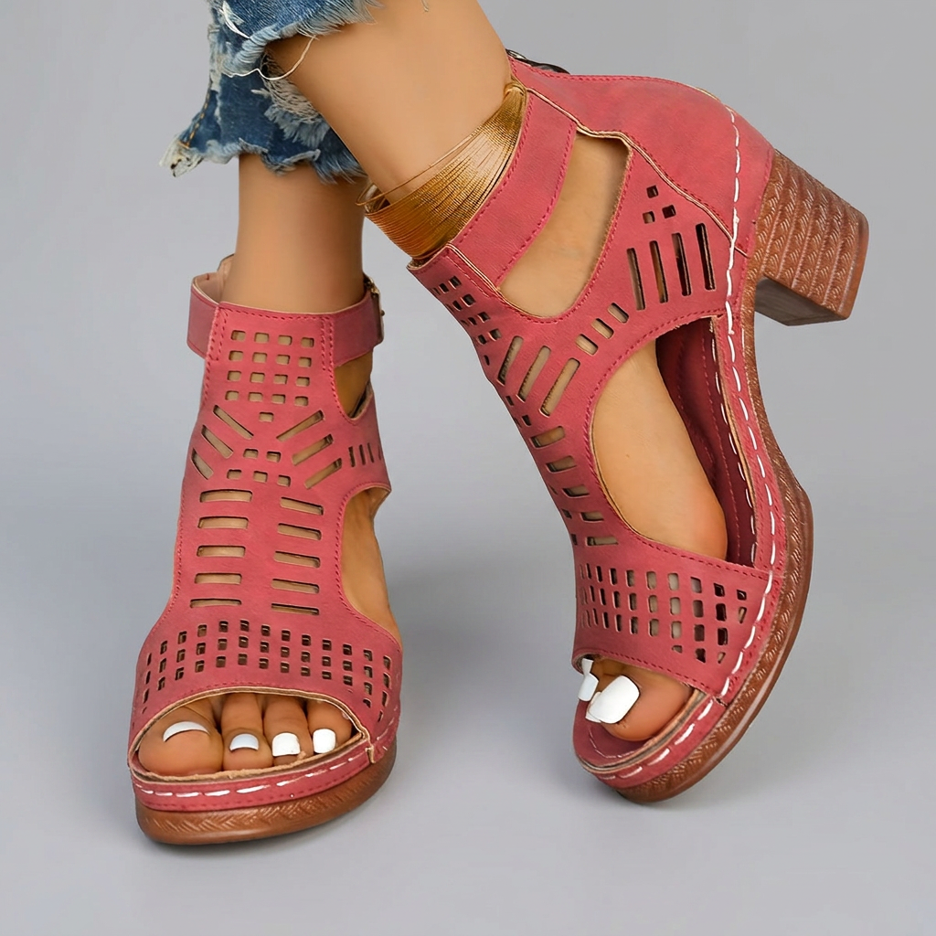 Bernadette - Laser Cut Block Heel Sandals — Red