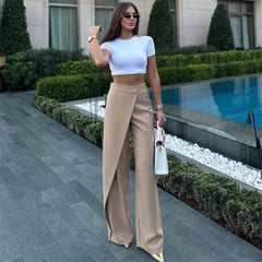 Gwendolyn - Wrap Waist Wide Trousers — Brown