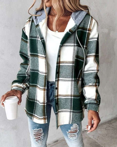 Sarah - Check Shacket with Hood — Green