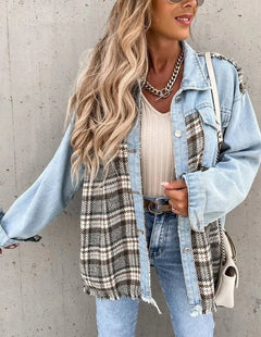 Maxine - Denim and Plaid Panel Shacket — Blue
