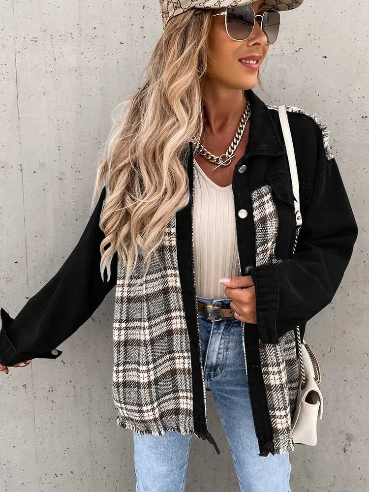 Maxine - Denim and Plaid Panel Shacket — Black