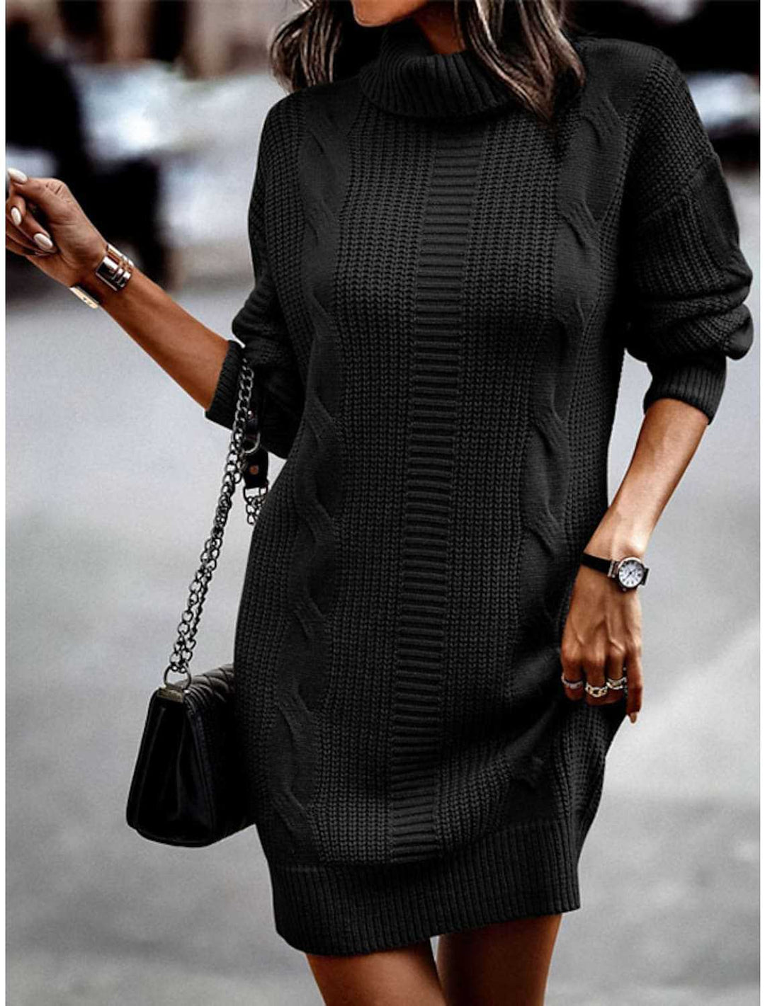 Fernanda - Cable Knit Jumper Dress — Black
