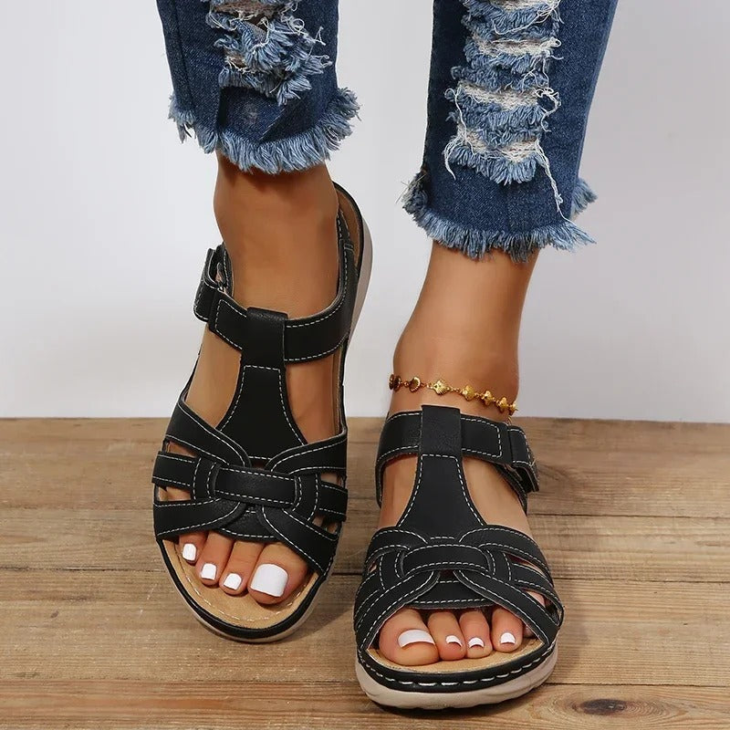 Iris - Leather Cross Strap Sandals — Black