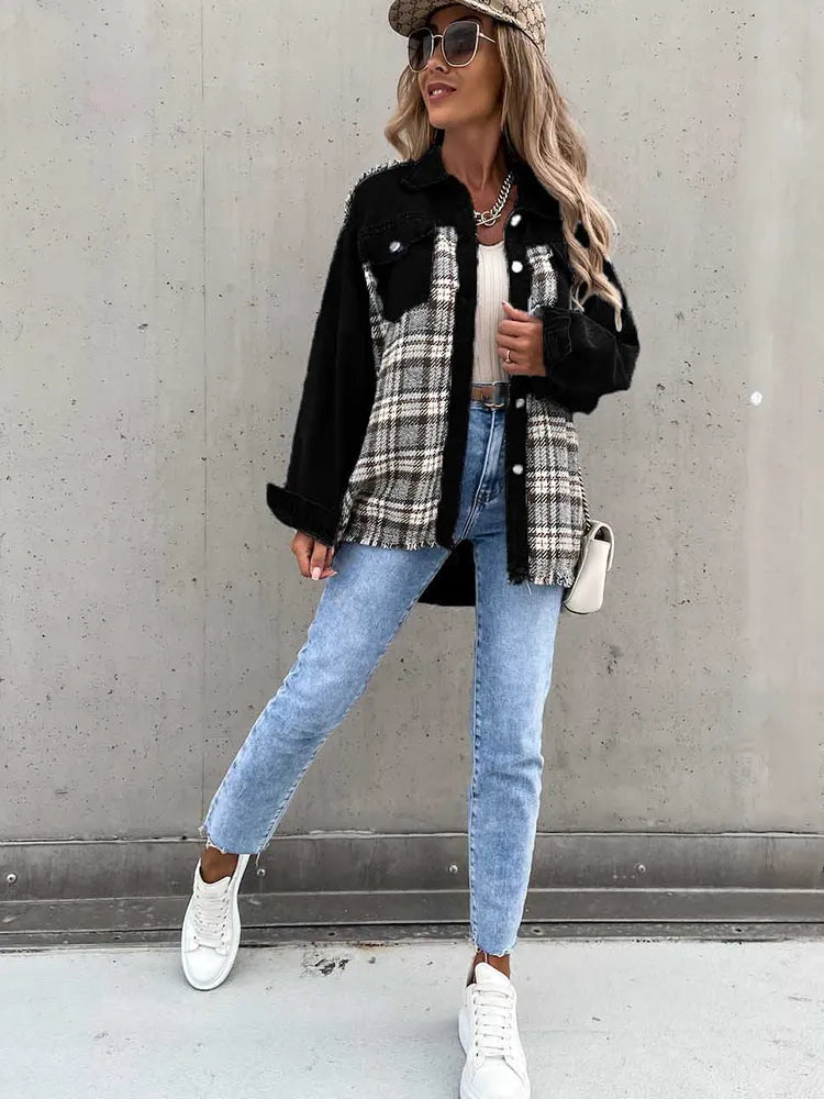 Maxine - Denim and Plaid Panel Shacket