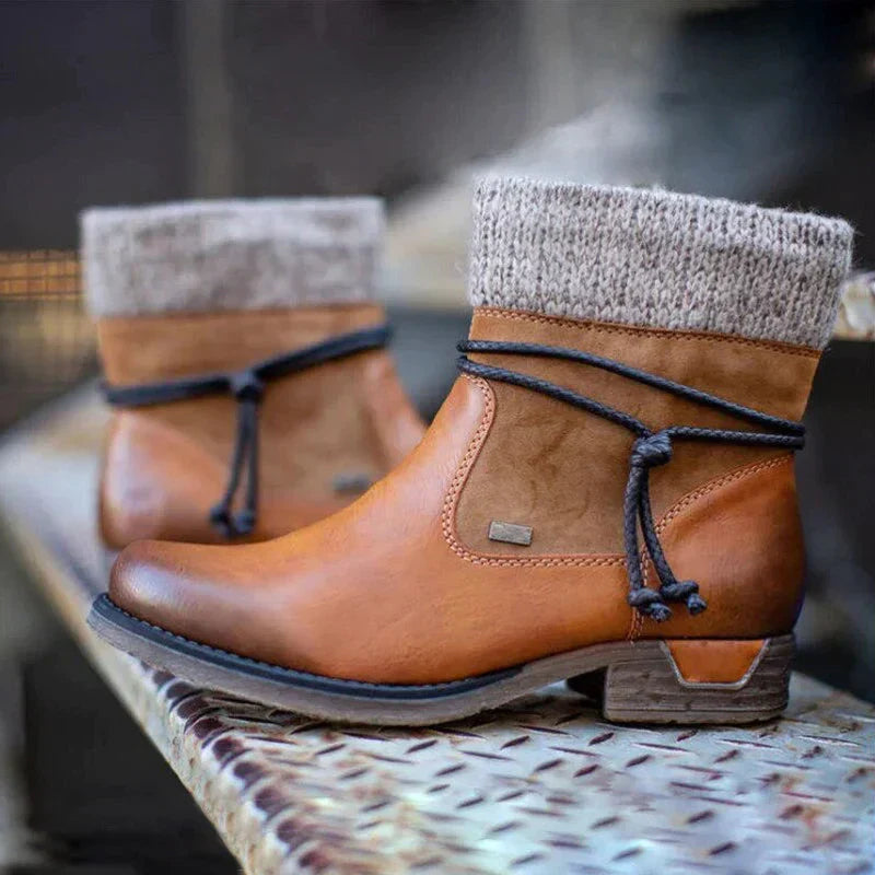 Lyra - Leather Boots with Knit Cuff — Brown
