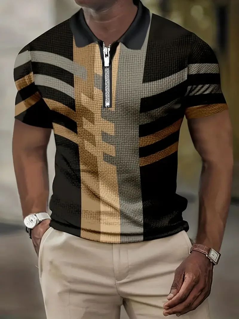 Roderick - Geometric Print Zip Polo — Beige