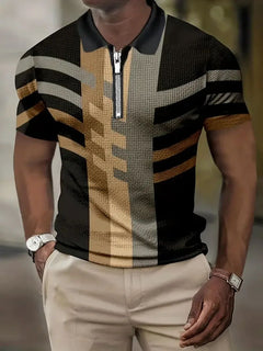 Roderick - Geometric Print Zip Polo — Beige