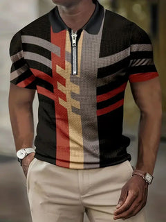 Roderick - Geometric Print Zip Polo — Red
