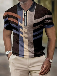 Roderick - Geometric Print Zip Polo — Blue
