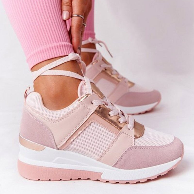 Evangeline - Wedge Trainers with Gold Trim — Pink