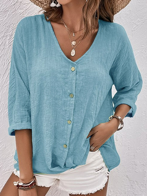 Ava - Linen Button Down Shirt — Blue