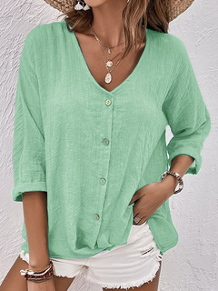Evangeline - Linen Button Through Blouse — Green