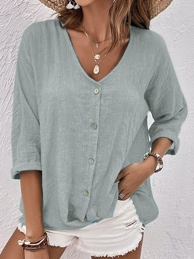 Evangeline - Linen Button Through Blouse — Grey