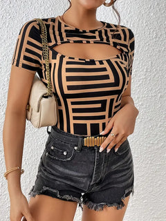 Hermione - Geometric Cutout Top — Black/Beige