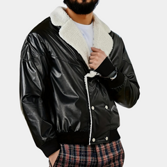 Tom - Leather Bomber with Shearling Collar — Black