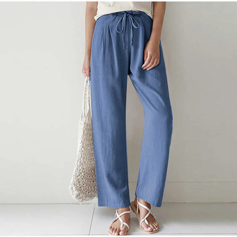 Theodora - Linen Paperbag Trousers — Blue