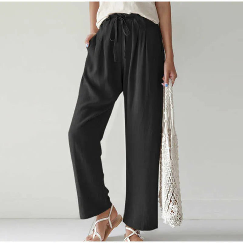 Theodora - Linen Paperbag Trousers — Black