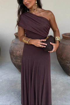 Dominique - One Shoulder Maxi Dress — Brown
