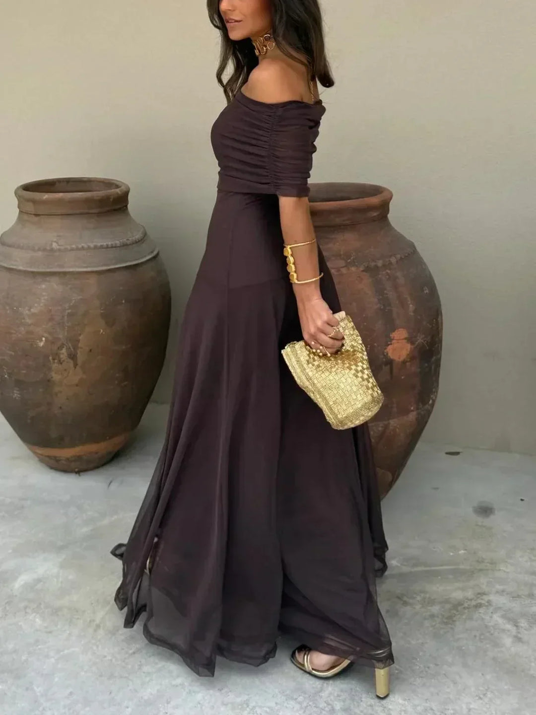 Virginia - Chiffon Off Shoulder Maxi Dress