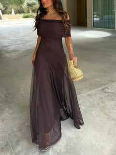 Virginia - Chiffon Off Shoulder Maxi Dress — Brown