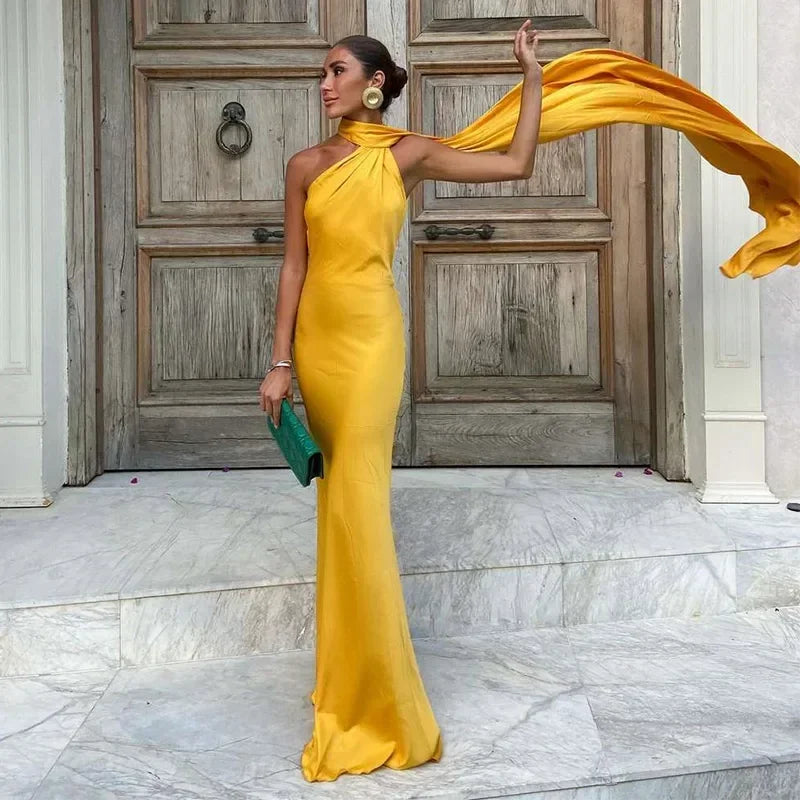 Josephine - One Shoulder Draped Maxi Dress — Yellow