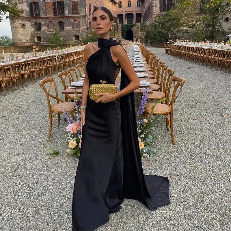 Josephine - One Shoulder Draped Maxi Dress — Black