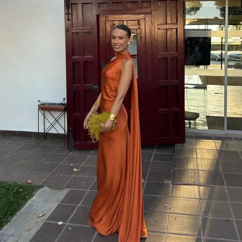 Josephine - One Shoulder Draped Maxi Dress — Orange