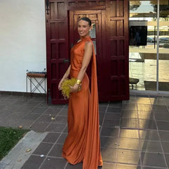 Josephine - One Shoulder Draped Maxi Dress — Orange